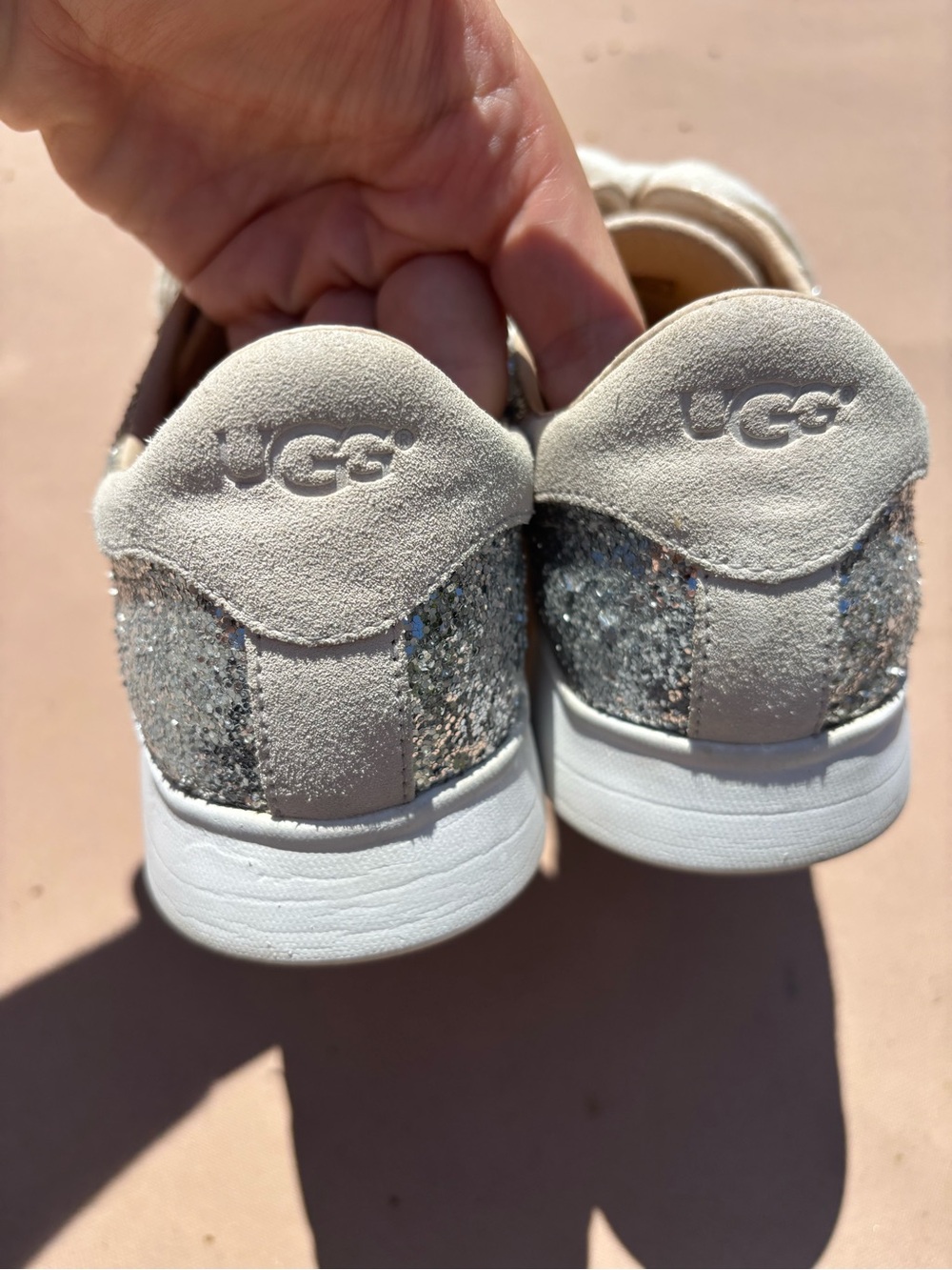 UGG Australia Jaida Silver Glitter & Cream Suede Sneaker Shoes Size 10
